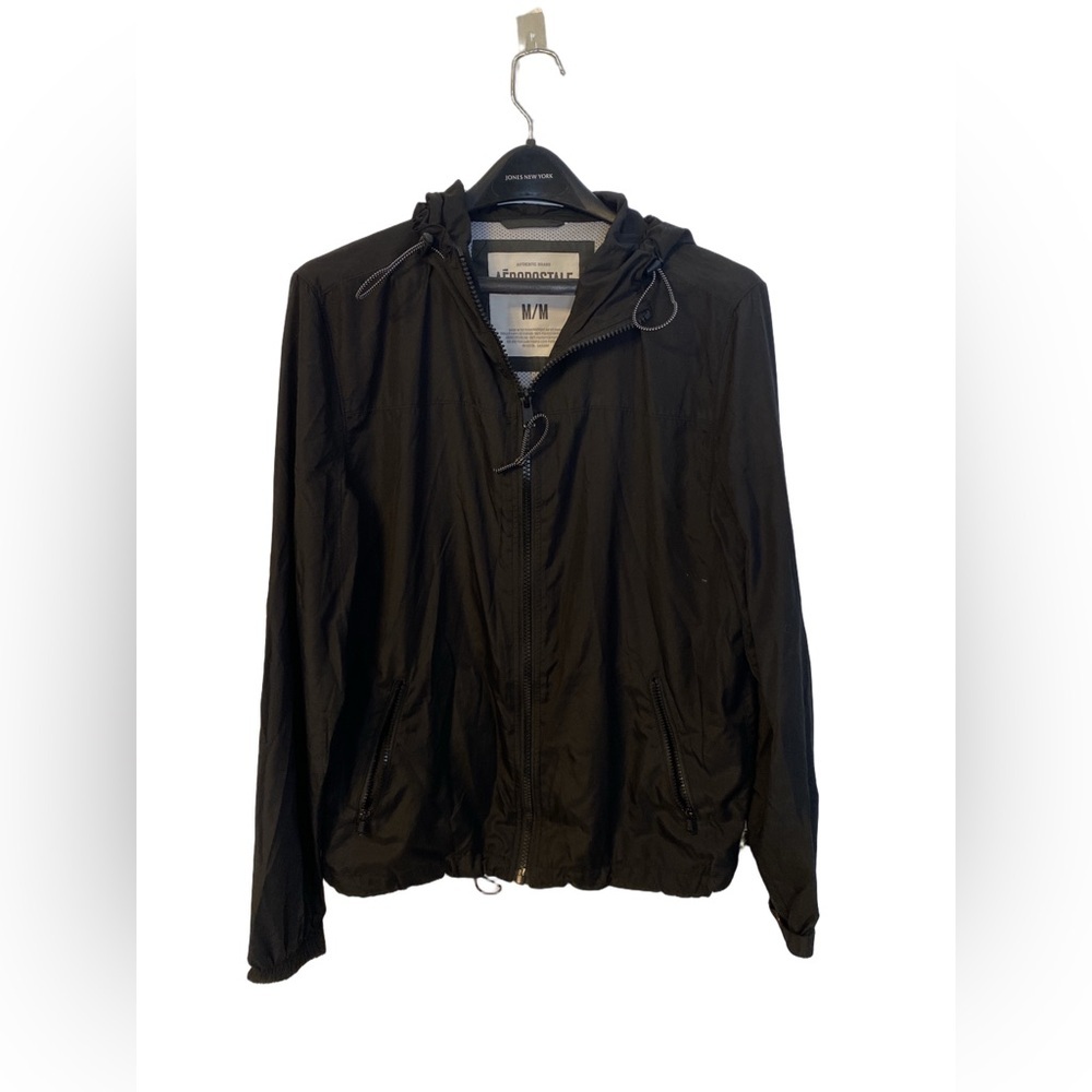 Aeropostale Lightweight Full Zip Hooded Windbreaker Jacket Black Mens Medium